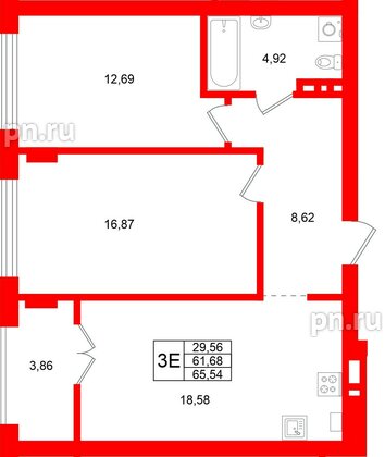 Квартира в ЖК «Включи», 2 комнатная, 65.54 м², 3 этаж
