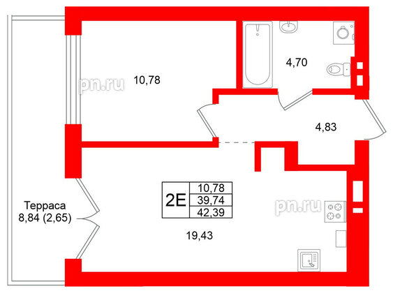 Квартира в ЖК «Включи», 1 комнатная, 42.39 м², 1 этаж