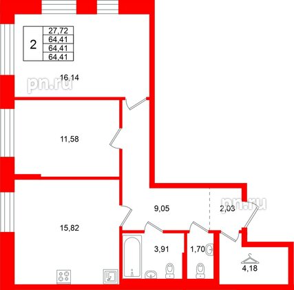 Квартира в ЖК Кольские огни, 2 комнатная, 64.41 м², 13 этаж