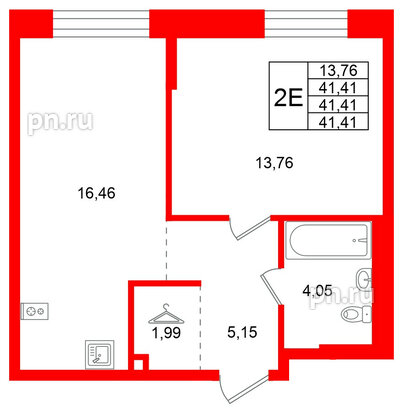 Квартира в ЖК Кольские огни, 1 комнатная, 41.41 м², 2 этаж