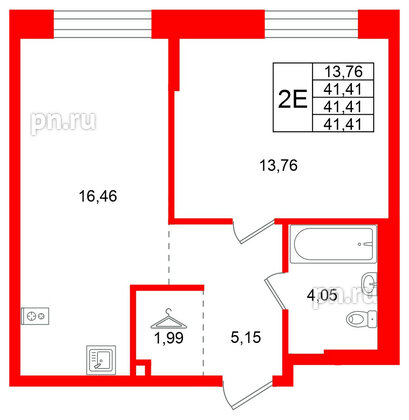 Квартира в ЖК Кольские огни, 1 комнатная, 41.41 м², 6 этаж