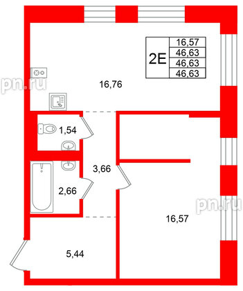 Квартира в ЖК Кольские огни, 1 комнатная, 46.63 м², 6 этаж