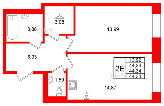 Квартира в ЖК Кольские огни, 1 комнатная, 44.34 м², 5 этаж
