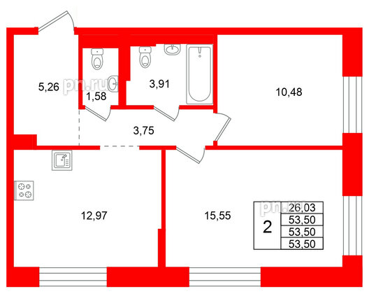 Квартира в ЖК Кольские огни, 2 комнатная, 53.5 м², 2 этаж