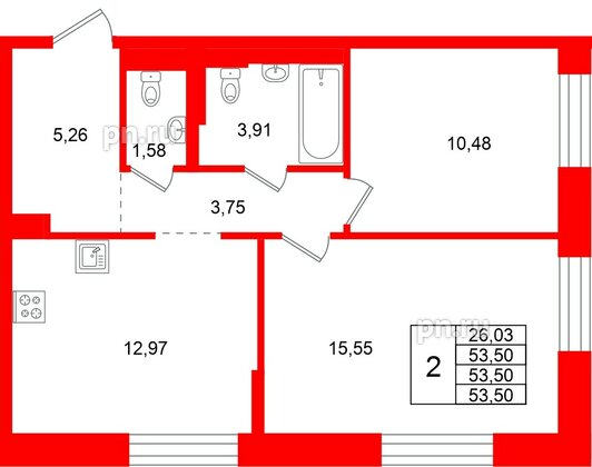 Квартира в ЖК Кольские огни, 2 комнатная, 53.5 м², 7 этаж