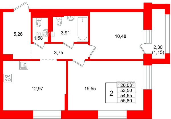 Квартира в ЖК Кольские огни, 2 комнатная, 54.65 м², 11 этаж