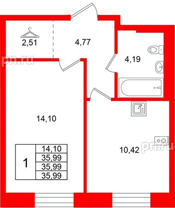 Квартира в ЖК Кольские огни, 1 комнатная, 35.99 м², 11 этаж