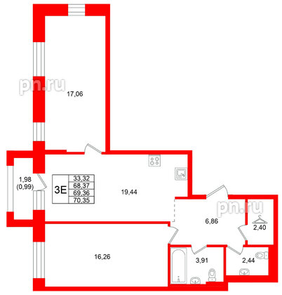 Квартира в ЖК Кольские огни, 2 комнатная, 69.36 м², 10 этаж