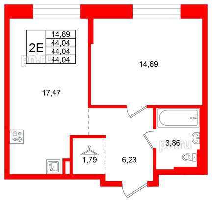 Квартира в ЖК Кольские огни, 1 комнатная, 44.04 м², 11 этаж