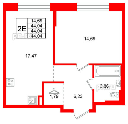 Квартира в ЖК Кольские огни, 1 комнатная, 44.04 м², 13 этаж