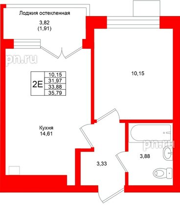 Квартира в ЖК Лэйк Сити-4, 1 комнатная, 33.88 м², 3 этаж