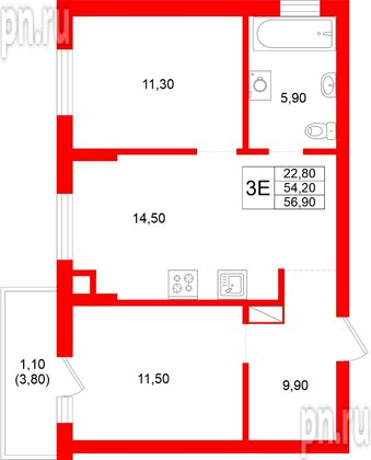Квартира в ЖК Луччи, 2 комнатная, 56.9 м², 2 этаж