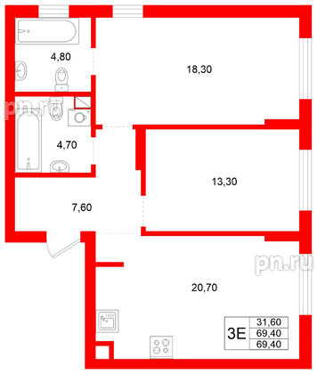 Квартира в ЖК Луччи, 2 комнатная, 69.4 м², 1 этаж