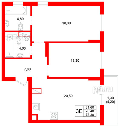 Квартира в ЖК Луччи, 2 комнатная, 73.3 м², 2 этаж