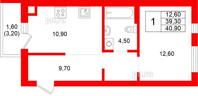 Квартира в ЖК Луччи, 1 комнатная, 40.9 м², 2 этаж