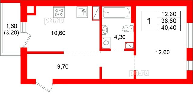 Квартира в ЖК Луччи, 1 комнатная, 40.4 м², 3 этаж