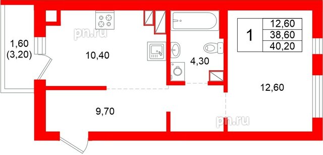 Квартира в ЖК Луччи, 1 комнатная, 40.2 м², 8 этаж