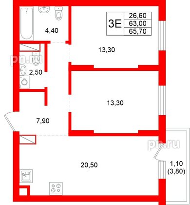 Квартира в ЖК Луччи, 2 комнатная, 65.7 м², 2 этаж