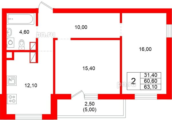 Квартира в ЖК Луччи, 2 комнатная, 63.1 м², 2 этаж