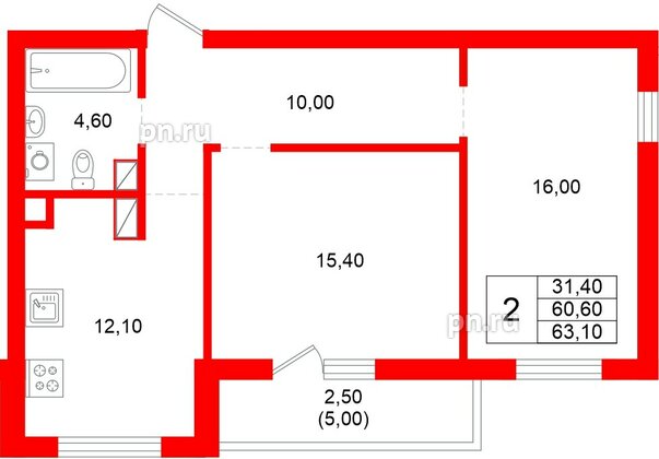 Квартира в ЖК Луччи, 2 комнатная, 63.1 м², 5 этаж