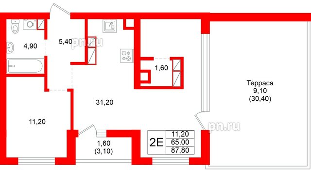 Квартира в ЖК Луччи, 1 комнатная, 87.8 м², 9 этаж