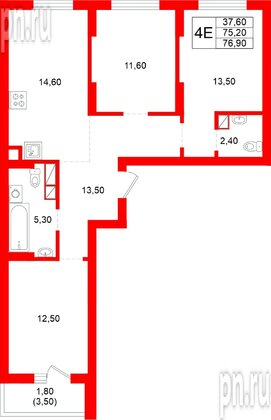 Квартира в ЖК Луччи, 3 комнатная, 76.9 м², 6 этаж