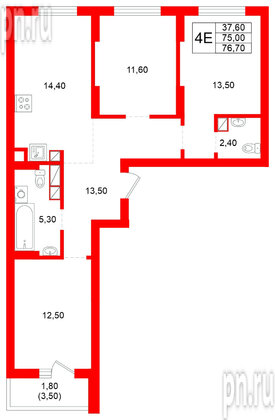 Квартира в ЖК Луччи, 3 комнатная, 76.7 м², 8 этаж