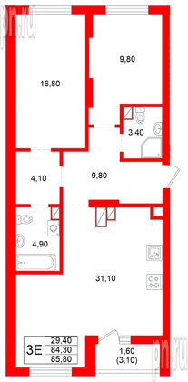 Квартира в ЖК Луччи, 2 комнатная, 85.8 м², 9 этаж