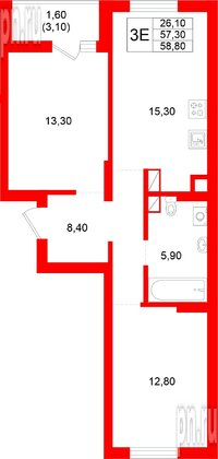 Квартира в ЖК Луччи, 2 комнатная, 58.8 м², 3 этаж