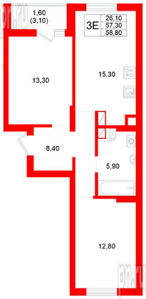 Квартира в ЖК Луччи, 2 комнатная, 58.8 м², 7 этаж