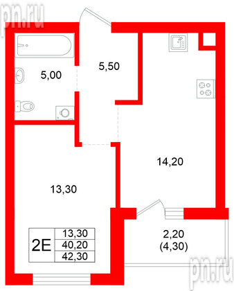 Квартира в ЖК Луччи, 1 комнатная, 42.3 м², 1 этаж