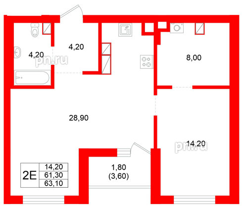 Квартира в ЖК Луччи, 1 комнатная, 63.1 м², 9 этаж