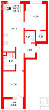 Квартира в ЖК Луччи, 2 комнатная, 62.1 м², 1 этаж