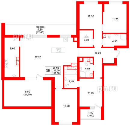 Квартира в ЖК Луччи, 3 комнатная, 159.5 м², 9 этаж