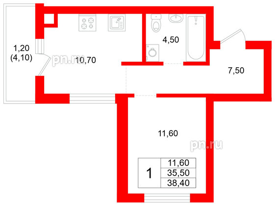 Квартира в ЖК Луччи, 1 комнатная, 38.4 м², 1 этаж