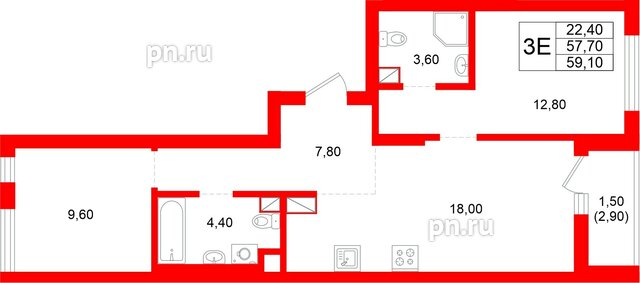 Квартира в ЖК Луччи, 2 комнатная, 59.1 м², 5 этаж