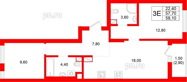 Квартира в ЖК Луччи, 2 комнатная, 59.1 м², 6 этаж