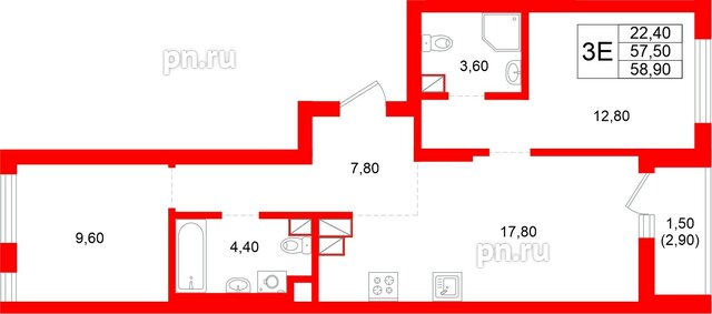 Квартира в ЖК Луччи, 2 комнатная, 58.9 м², 8 этаж