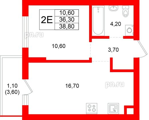 Квартира в ЖК Луччи, 1 комнатная, 38.8 м², 1 этаж