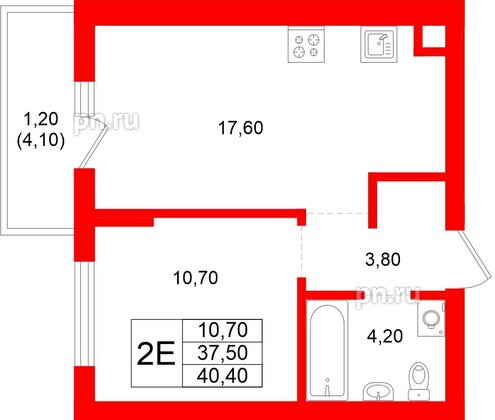 Квартира в ЖК Луччи, 1 комнатная, 40.4 м², 1 этаж