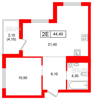 Квартира в ЖК Парковый, 1 комнатная, 44.4 м², 5 этаж