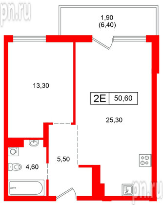 Квартира в ЖК Парковый, 1 комнатная, 50.6 м², 3 этаж