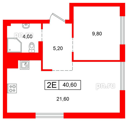 Квартира в ЖК Парковый, 1 комнатная, 40.6 м², 2 этаж