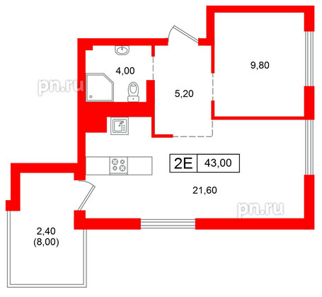 Квартира в ЖК Парковый, 1 комнатная, 43 м², 4 этаж