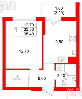Квартира в ЖК Левада, 1 комнатная, 33.8 м², 1 этаж