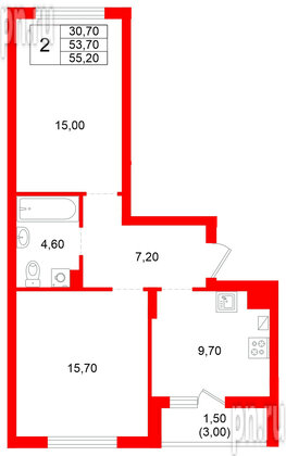 Квартира в ЖК Левада, 2 комнатная, 53.7 м², 1 этаж