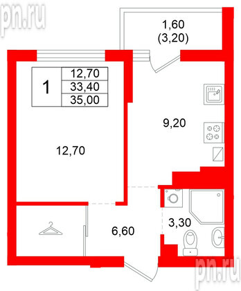 Квартира в ЖК Левада, 1 комнатная, 33.4 м², 6 этаж