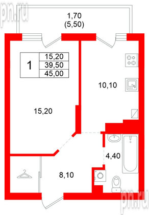 Квартира в ЖК Левада, 1 комнатная, 39.5 м², 8 этаж