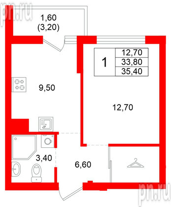 Квартира в ЖК Левада, 1 комнатная, 33.8 м², 1 этаж