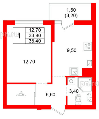 Квартира в ЖК Левада, 1 комнатная, 33.8 м², 1 этаж